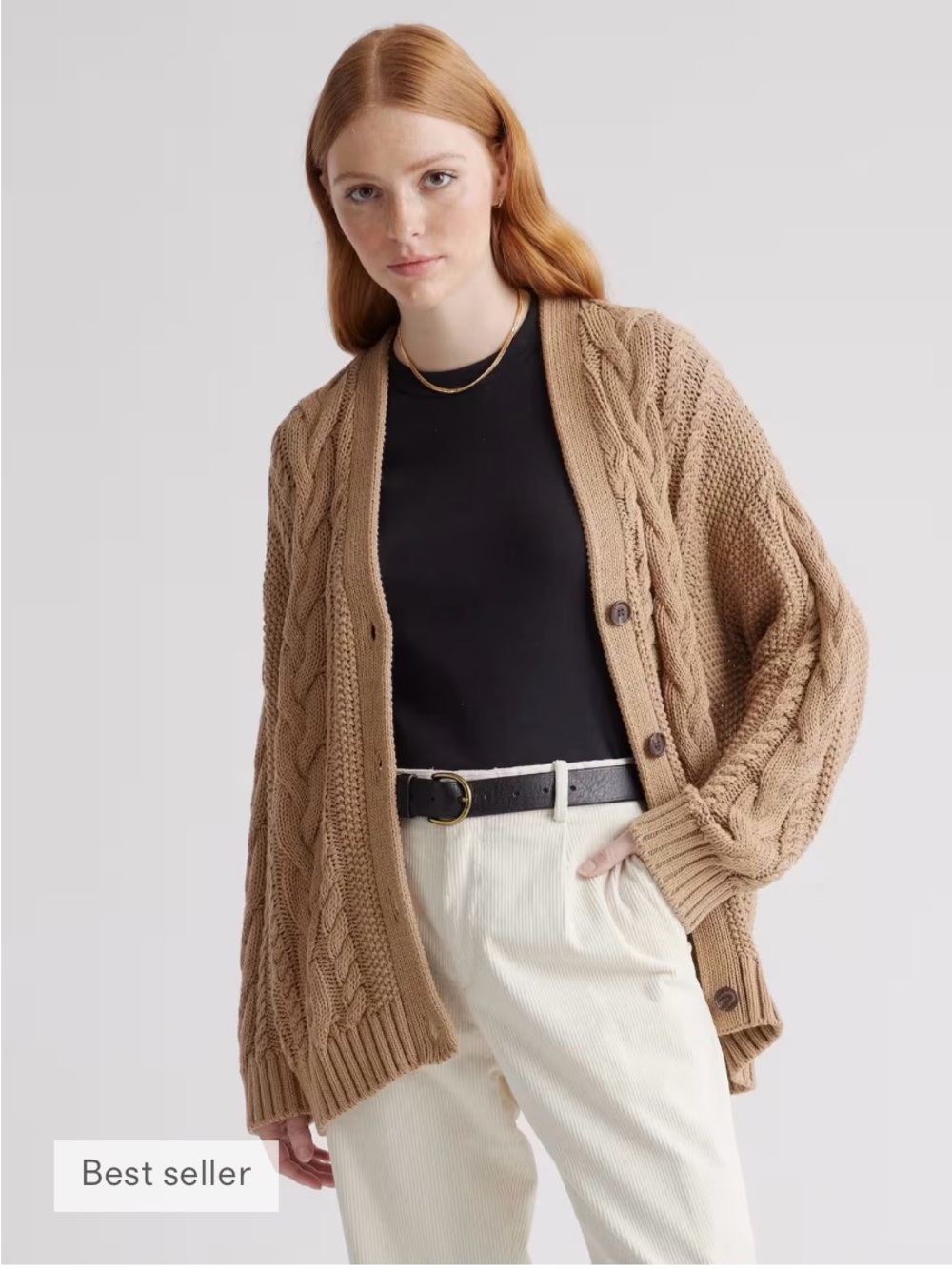 Quince 100% Organic Cotton Oversized Cable Knit Cardigan Brown L - Picture 5 of 5
